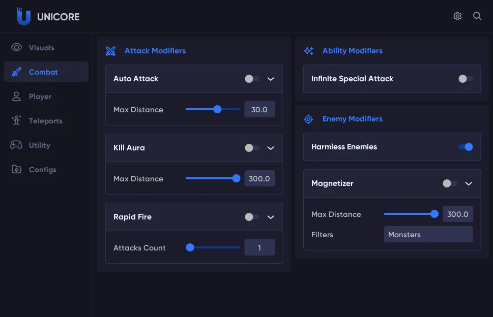 Unicore Combat tab: Auto Attack, Kill Aura, Rapid Fire, Infinite Special Attack, Harmless Enemies and God Mode toggles