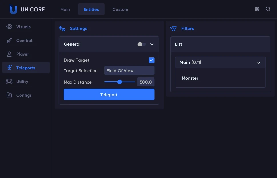 Unicore Teleports tab with Draw Target, FOV and Max Distance controls, a monster filter and one-click teleport to the selected target