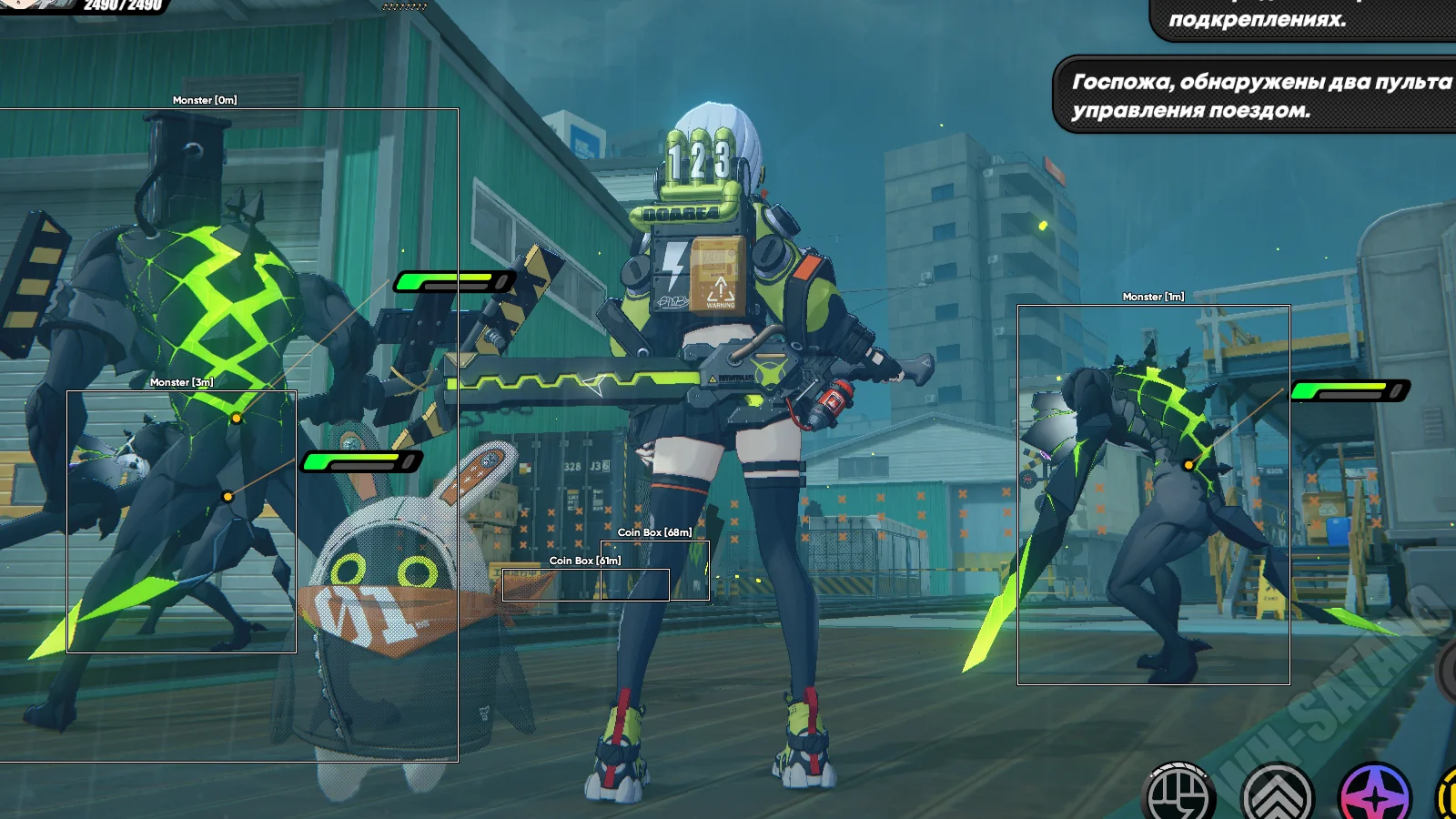 Zenless Zone Zero street fight with Monster ESP boxes, names and distance tags on Ethereals plus Coin Box labels through the smoke