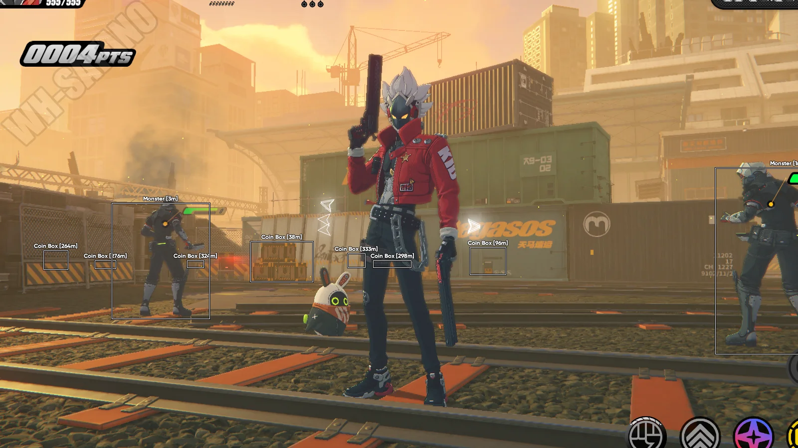 Coin Box ESP across a Zenless Zone Zero combat zone — every payout marked with distance through the terrain